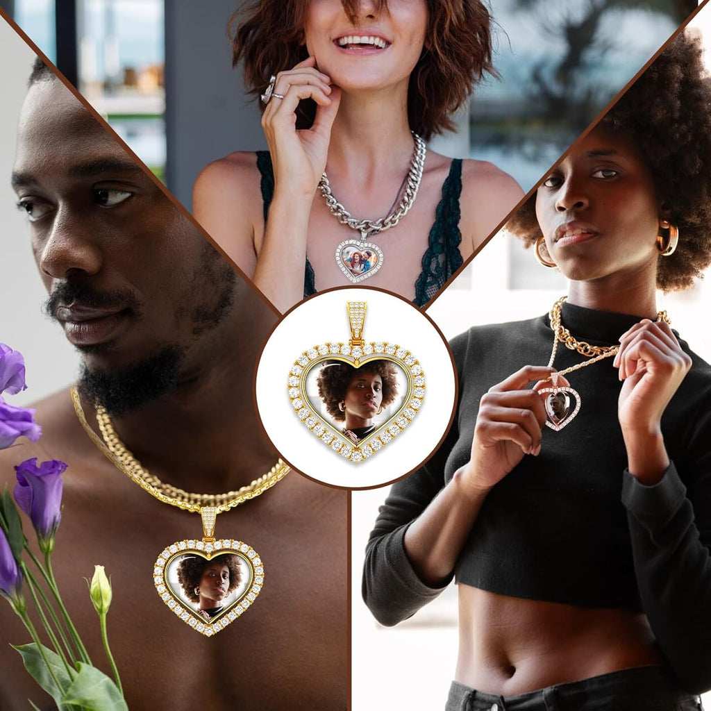 & Solid Personalized Photo Memory Round Charm Necklace - Cuban Style Pendant for Men/Women Custom Picture Jewelry for Him Her