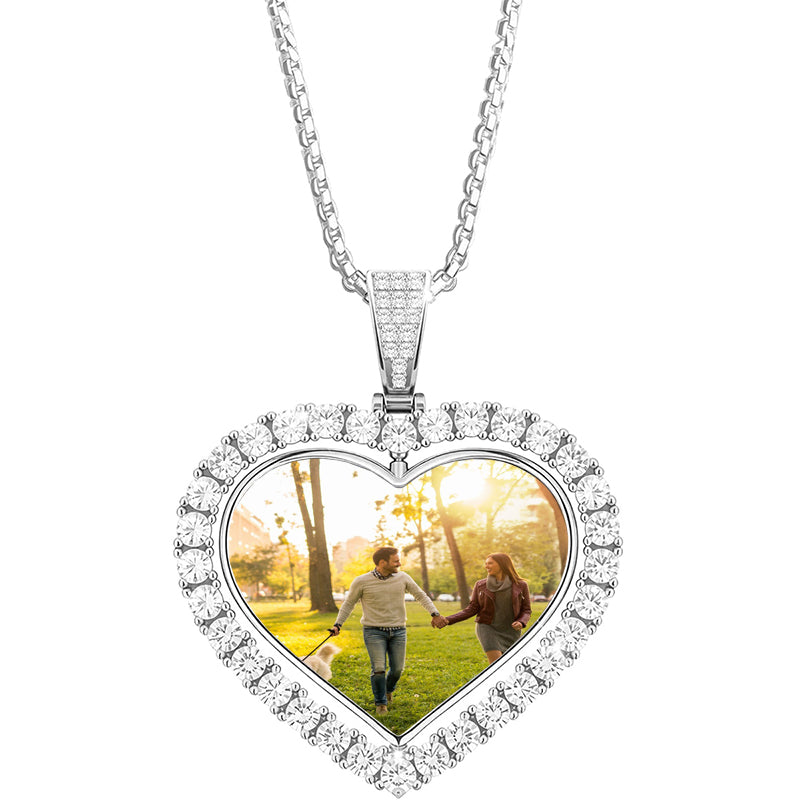 2 Sided Rhinestone Custom Photo Heart Necklace with Your Text in Silver or Finish - Personalized Picture Heart Charm